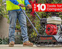 Man using a plate compactor to demonstrate the top tools for compacting soil