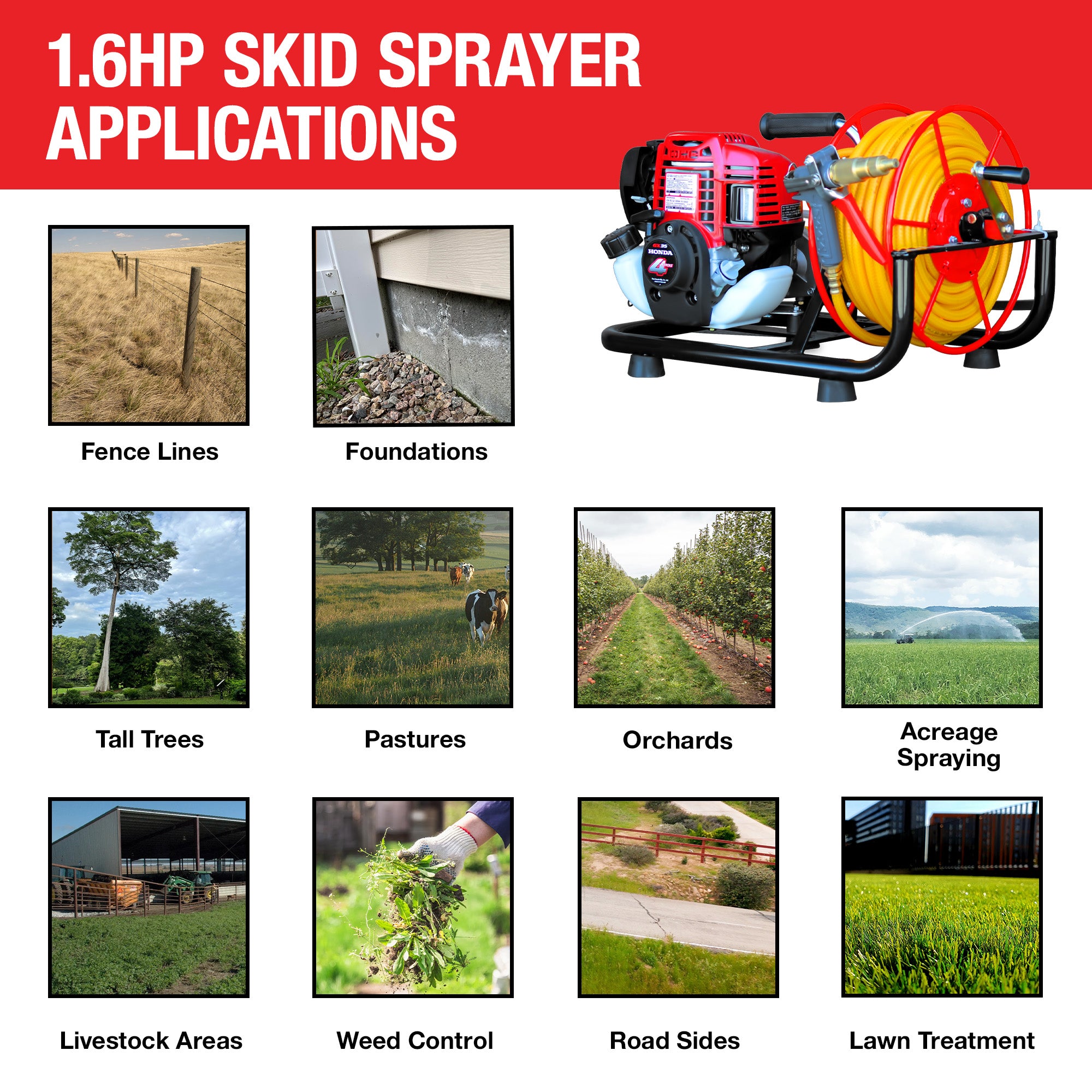 1.6HP Skid Sprayer Barrel Mount Only with Honda GX35 100ft Hose and 500 PSI Pump for Pest Control