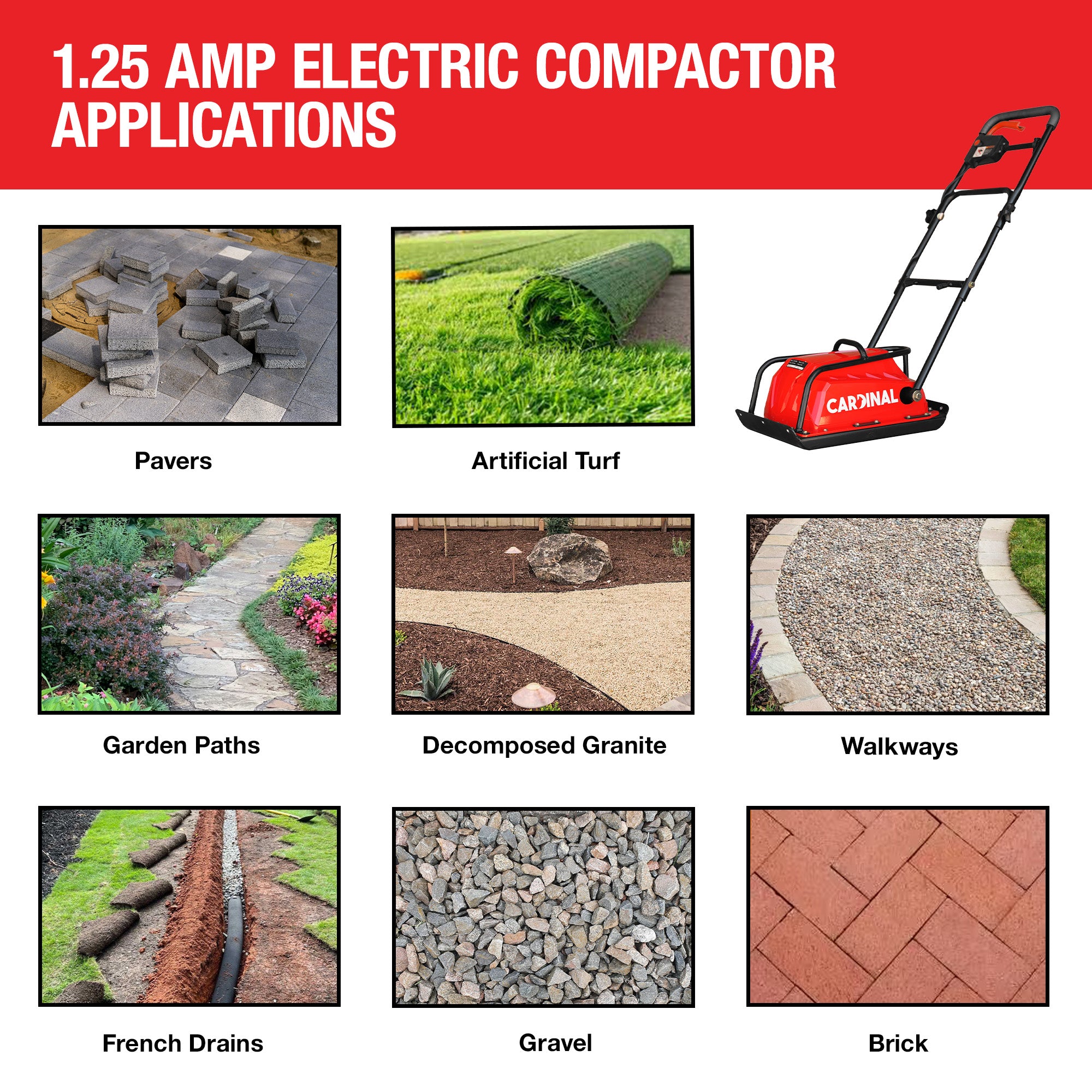 Electric Cardinal Vibratory Plate Compactor Tamper 1.25 Amp for Gravel Soil Compaction