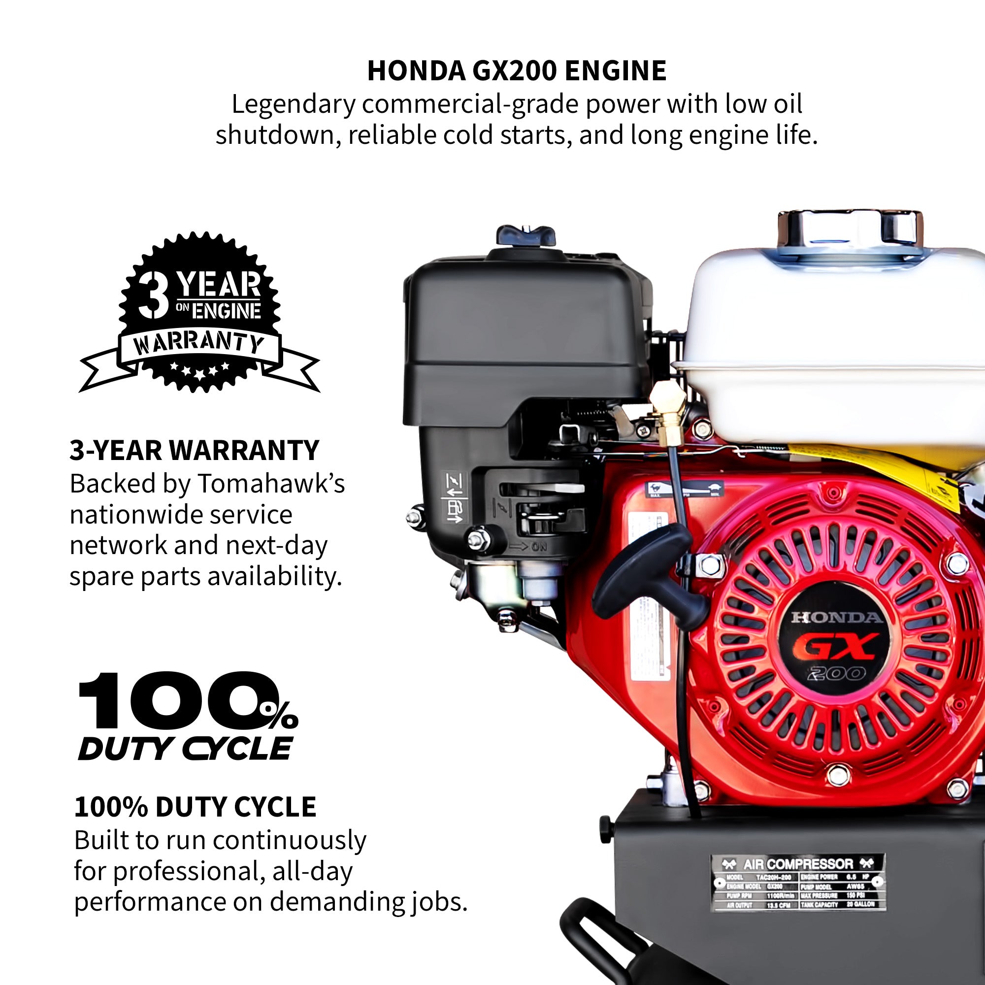 20 Gallon Portable Air Compressor 6.5HP Honda GX200 Engine Horizontal