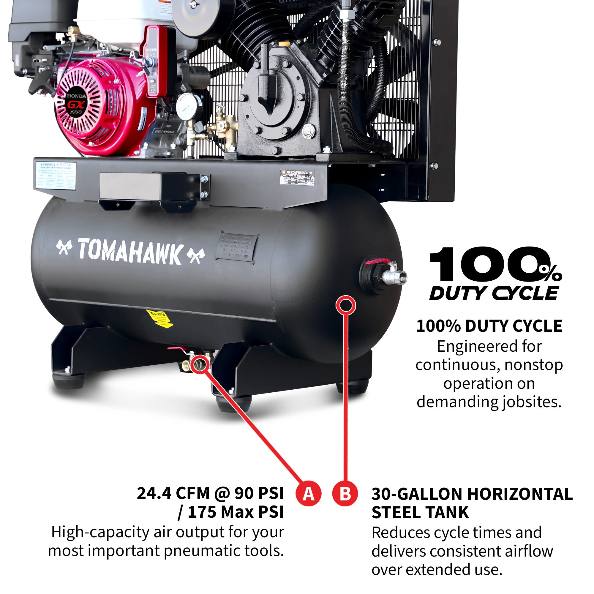 30 Gallon Air Compressor 13HP Honda GX390 Engine Horizontal Tank 24.4