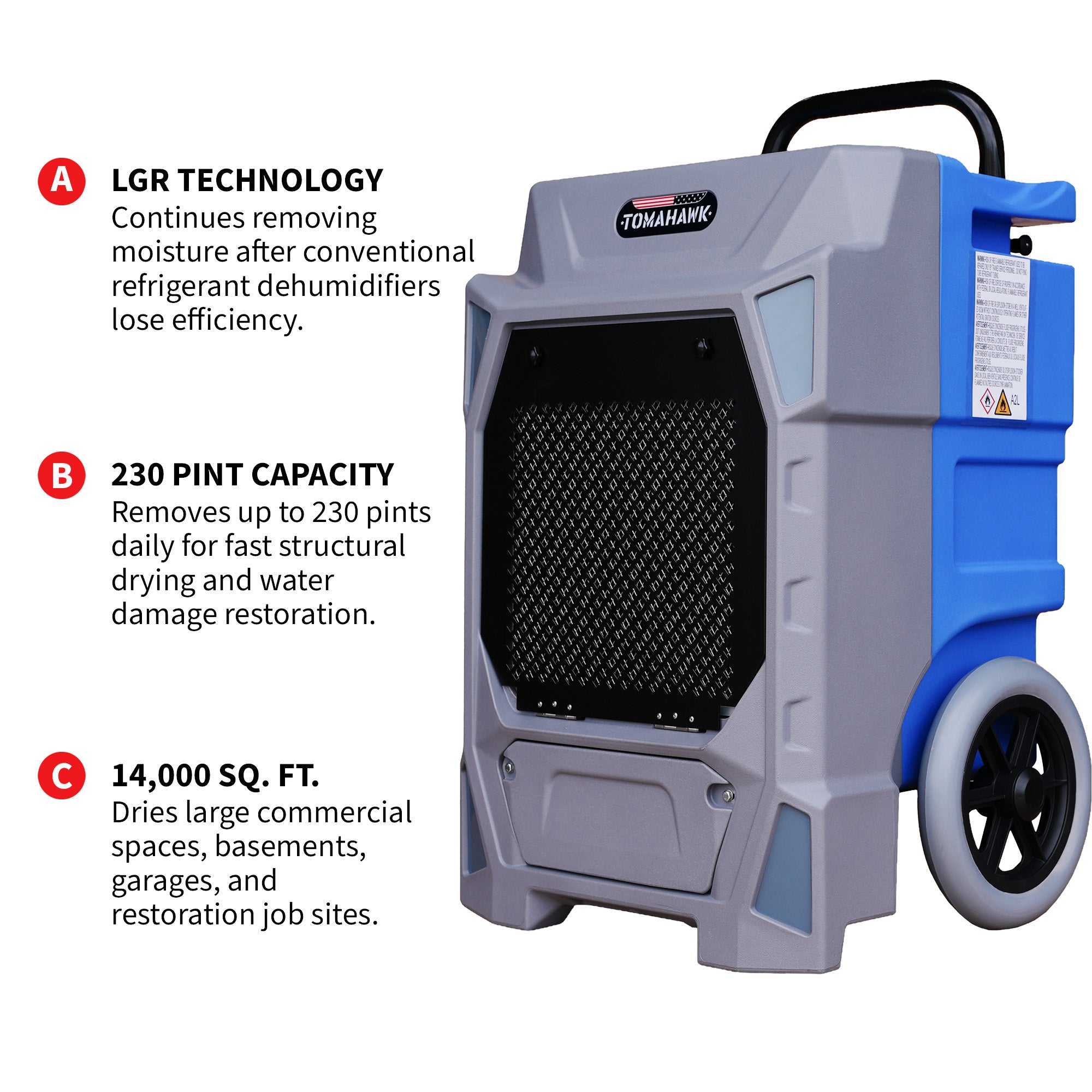 230 Pint Commercial Industrial Dehumidifier 14,000 ft² Rated LGR Integrated Pump Drain Hose