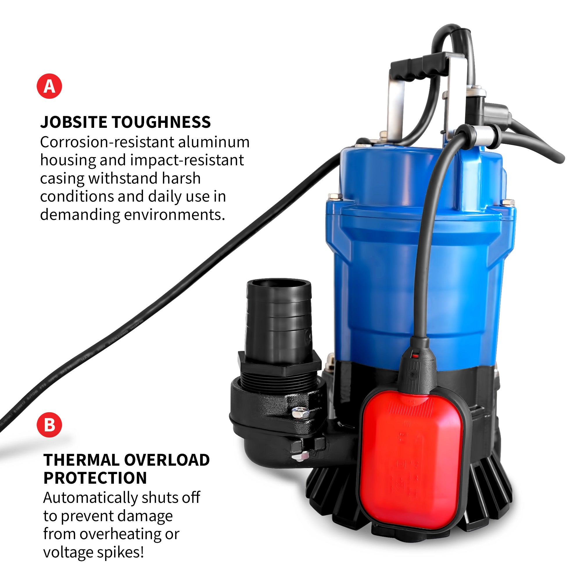 Tomahawk 1/2 HP Submersible Trash Pump, 66 GPM / 3960 GPH, 400W 2