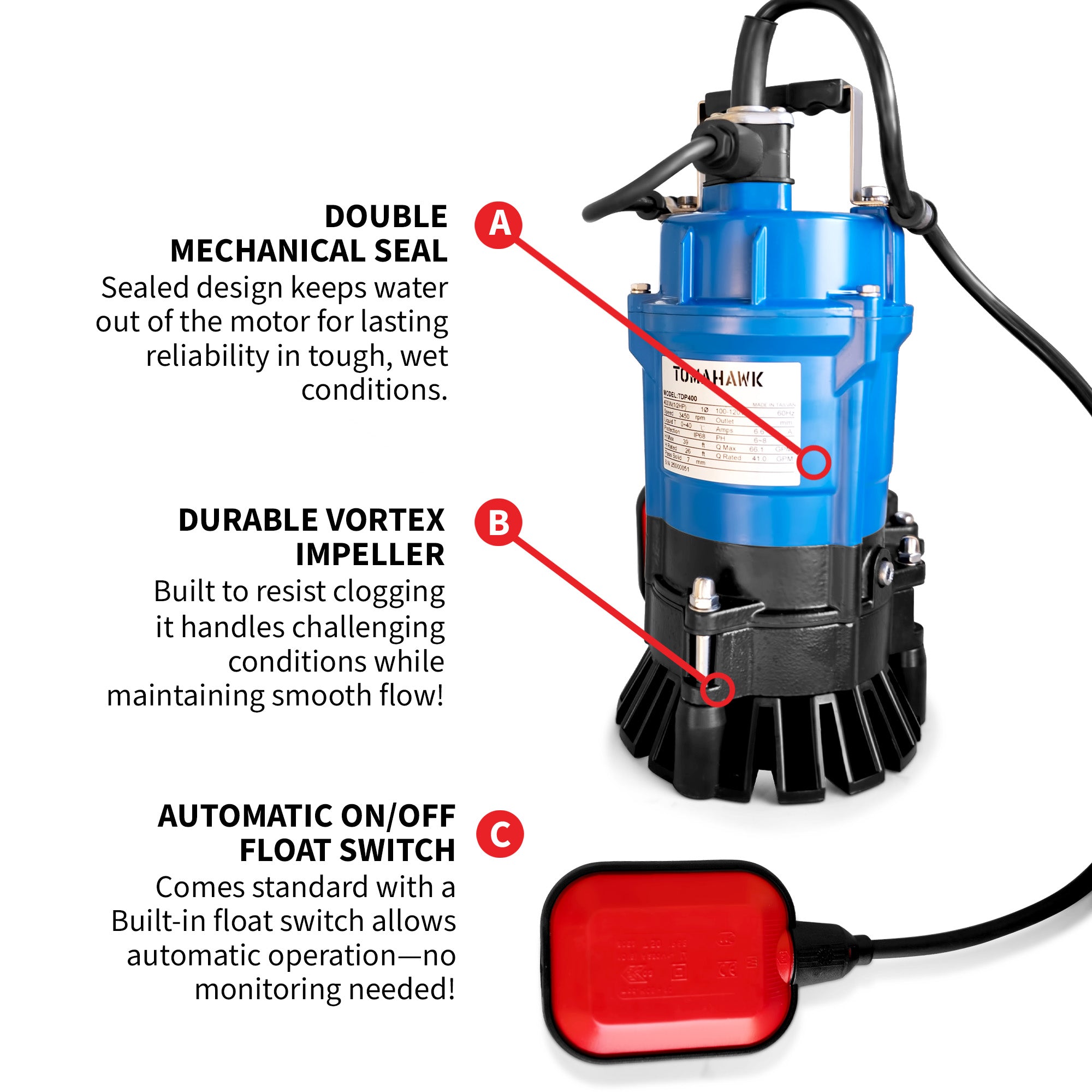 Tomahawk 1/2 HP Submersible Trash Pump, 66 GPM / 3960 GPH, 400W 2