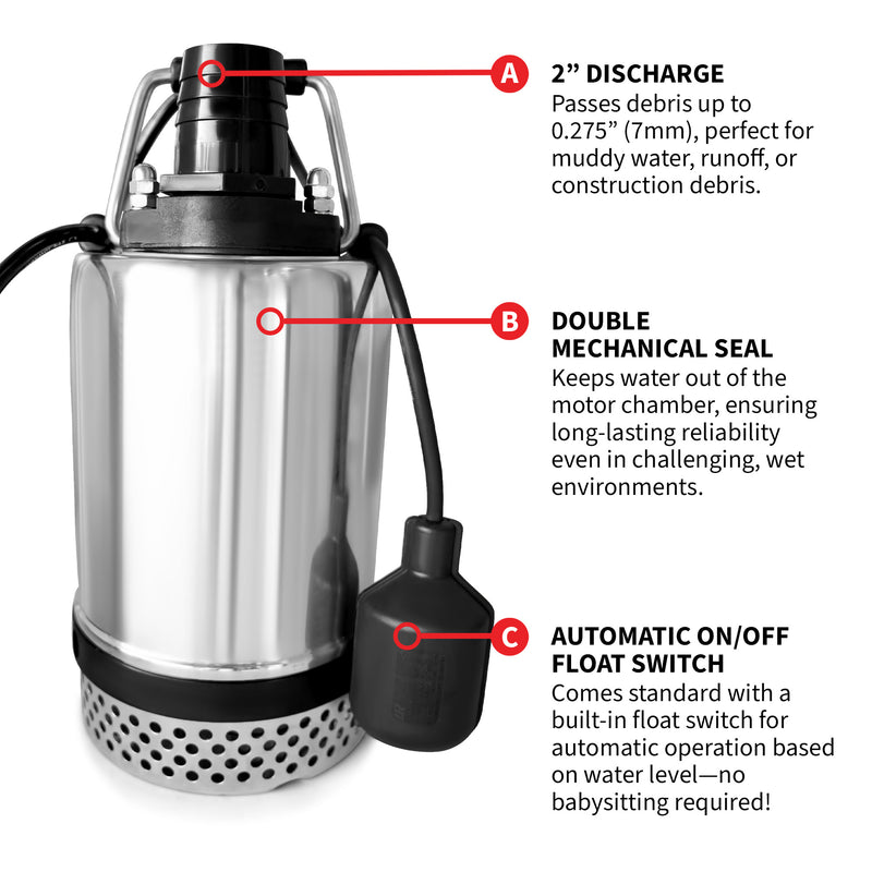 1 HP Submersible Water Pump 2" Outlet 73 GPM 750W Electric Utility Dewatering Pump Basement Flooding Construction Sites Irrigation Drainage
