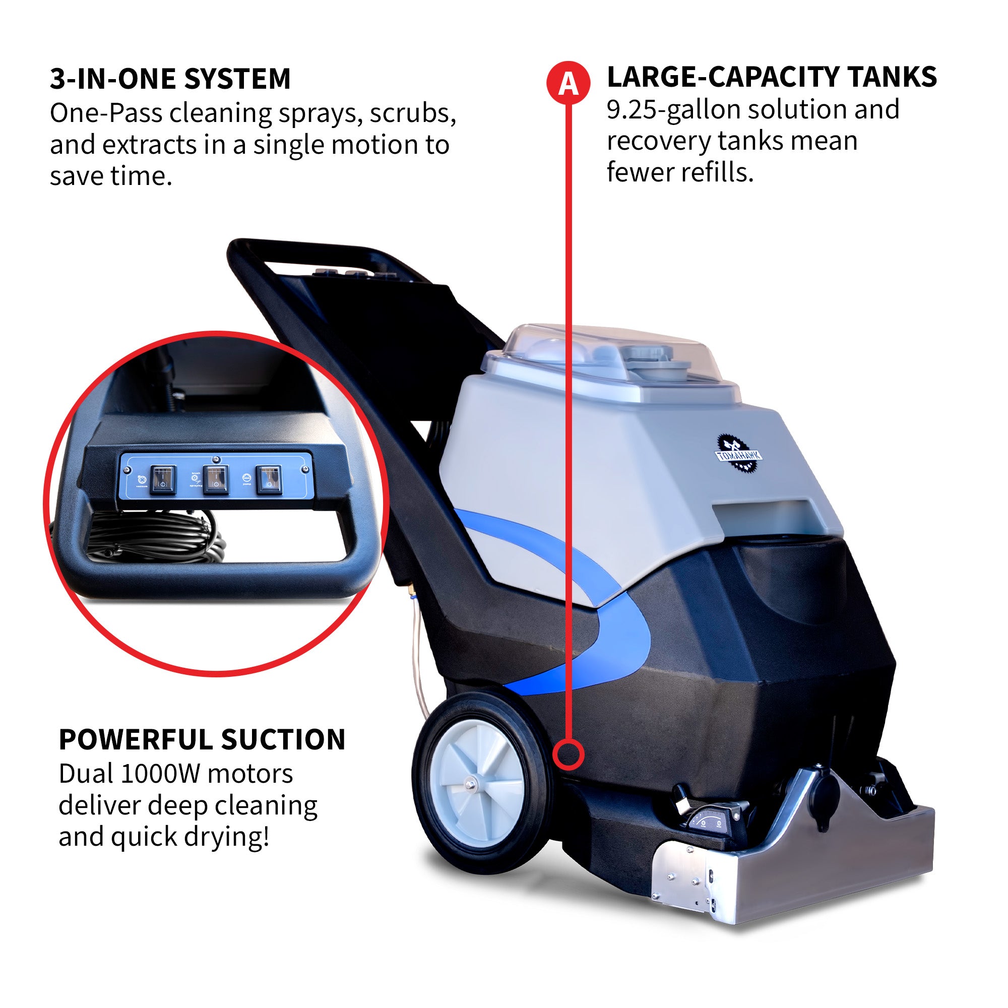 3-in-1 Commercial Carpet Extractor Cleaner, 18” Wide Cleaning Path, 9 Gallon Dual Tanks, Powerful Dual 1000W Motors Professional Carpet Cleaning Machine for Hotels, Offices & Upholstery
