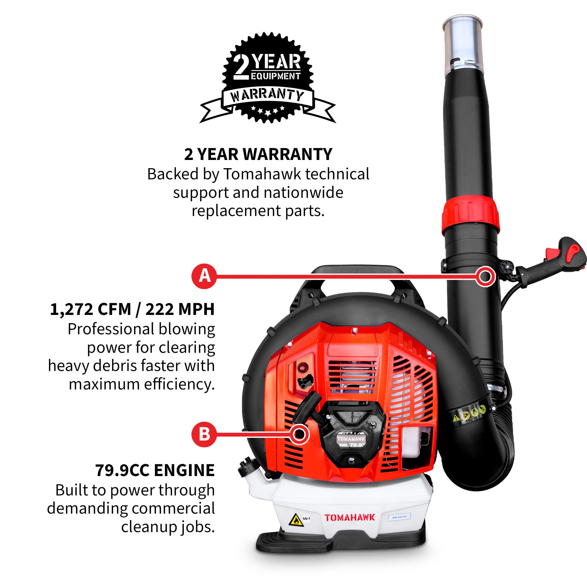 79.9cc Commercial Backpack Leaf Blower 1,272 CFM 222 MPH Lightweight Professional Gas Powered Blower Landscaping Lawn Care Property Maintenance
