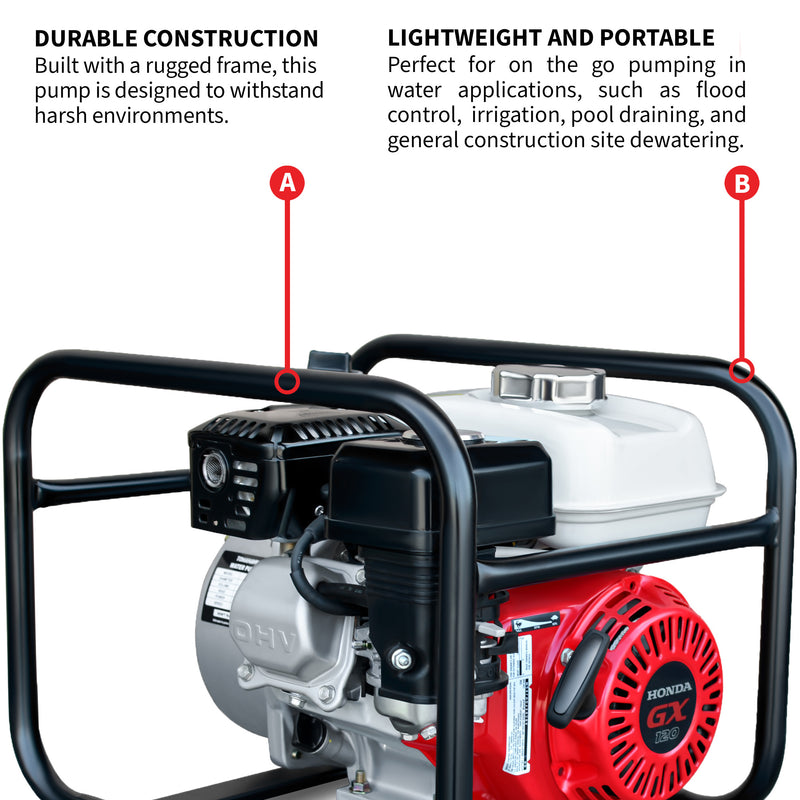 2 Inch Trash Water Pump 164 GPM 3.5HP GX120 powered by Honda Portable Utility