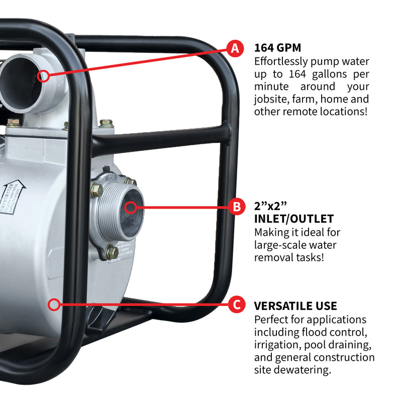 2 Inch Trash Water Pump 164 GPM 3.5HP GX120 powered by Honda Portable Utility