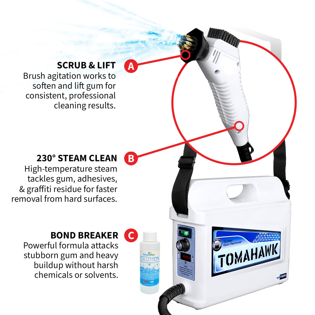 Commercial Gum Remover 18V Battery-Powered Cordless Steam Cleaning Machine 1 Liter Tank All-Natural System for Sidewalks Schools Hotels & Public Spaces