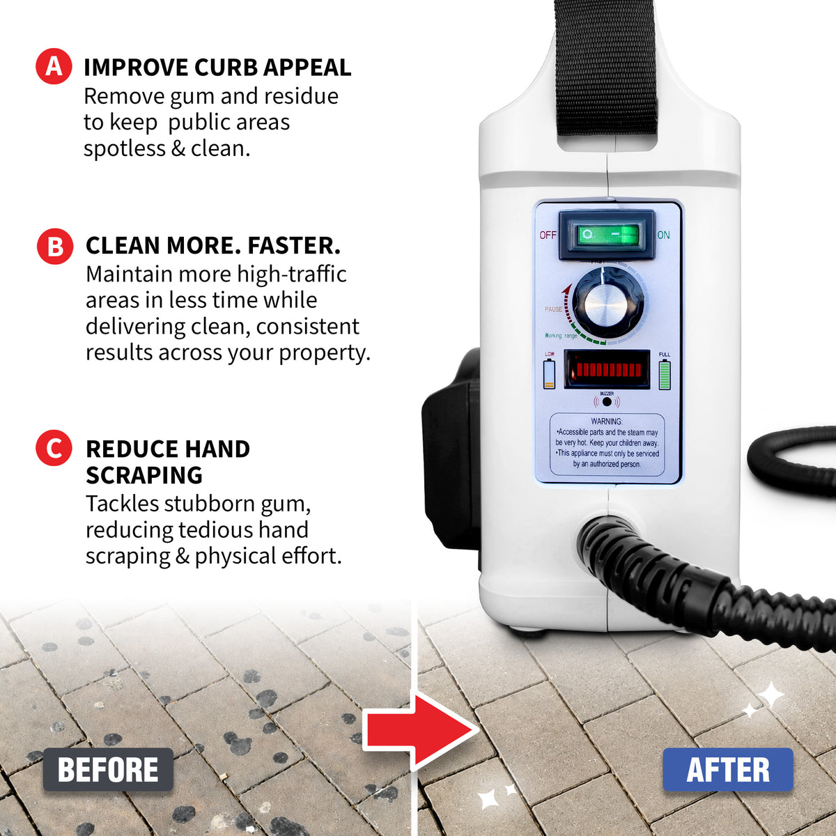 Commercial Gum Remover 18V Battery-Powered Cordless Steam Cleaning Machine 1 Liter Tank All-Natural System for Sidewalks Schools Hotels & Public Spaces
