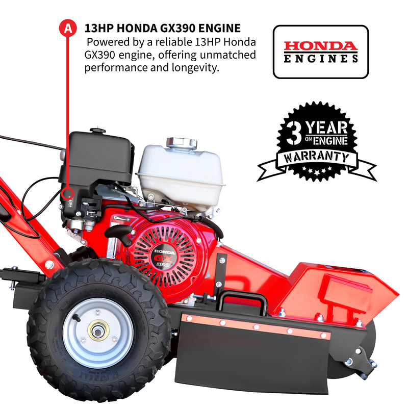 Red stump grinder with Honda GX390 engine on a white background