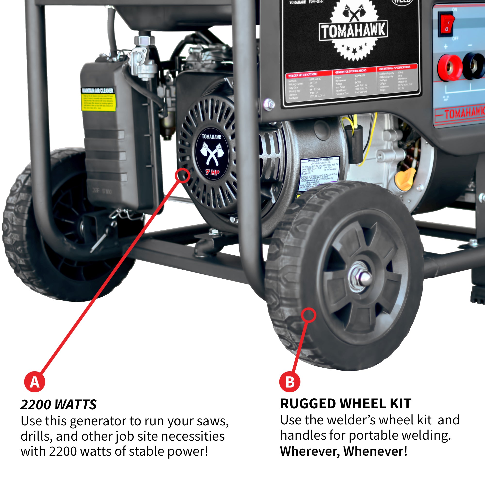 Factory Reconditioned 7 HP Gas Powered Portable 2,200 Watt Generator with 120 Amp Welder
