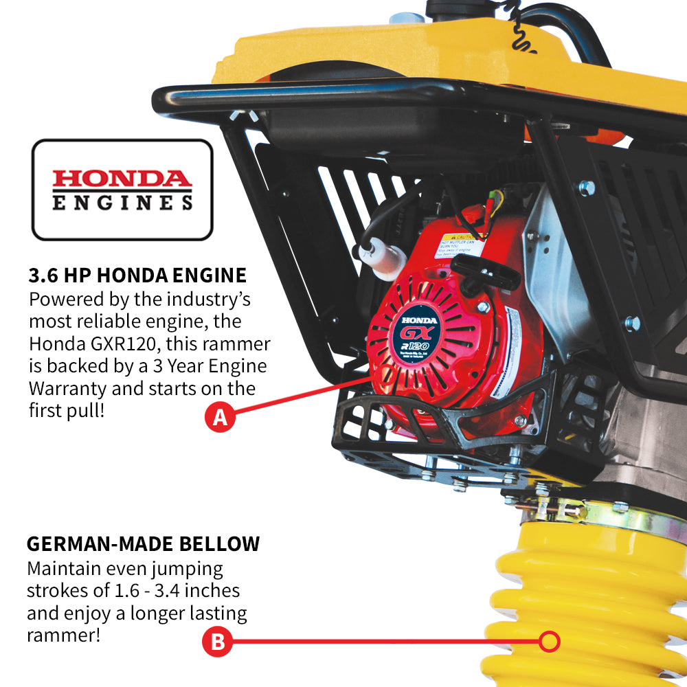 3.6 HP Honda Vibratory Rammer Jumping Jack 3350 lb/ft GX120R Engine 13"x11" Shoe - Tomahawk Power