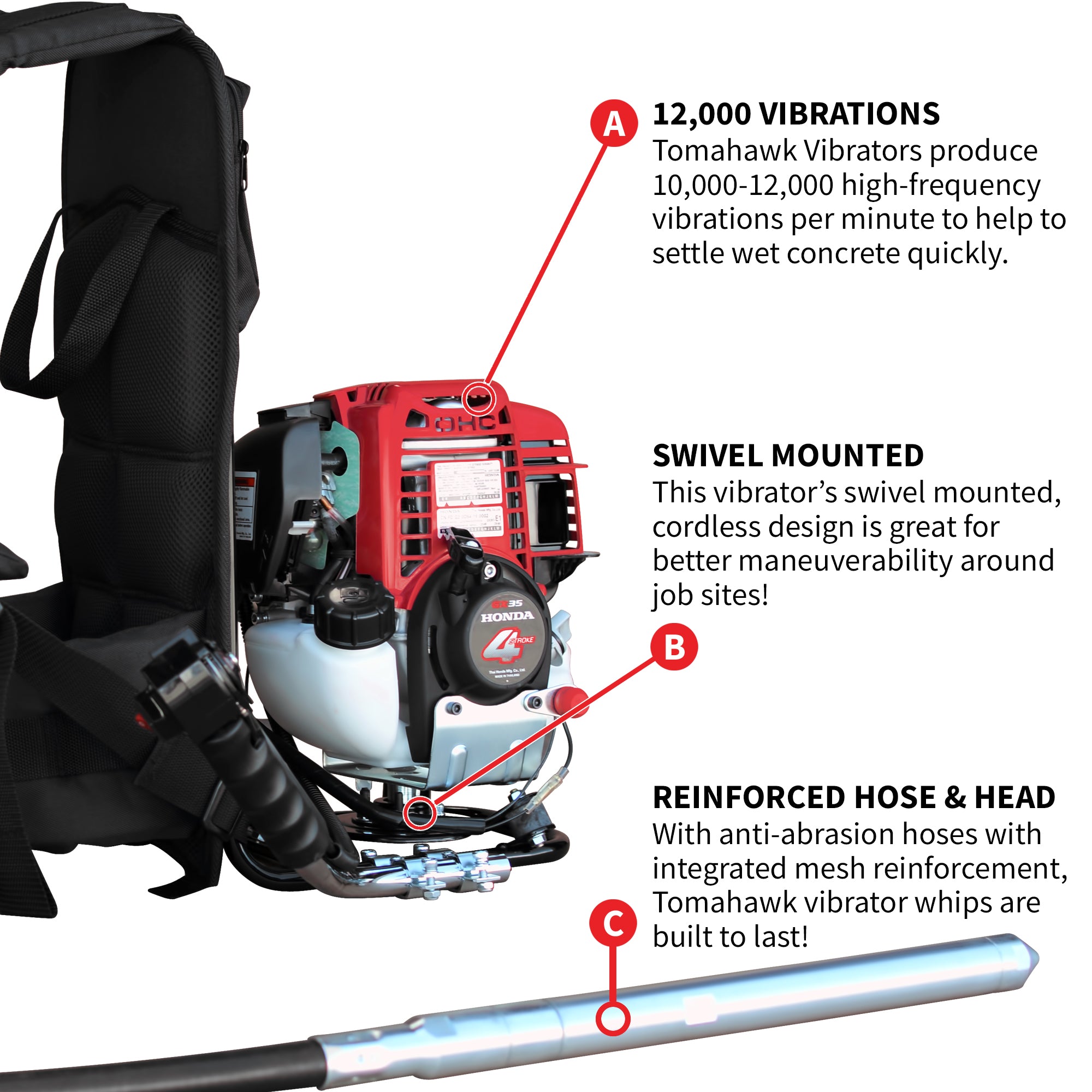 2HP Honda Concrete Vibrator with Flex Shaft Cable Whip Backpack