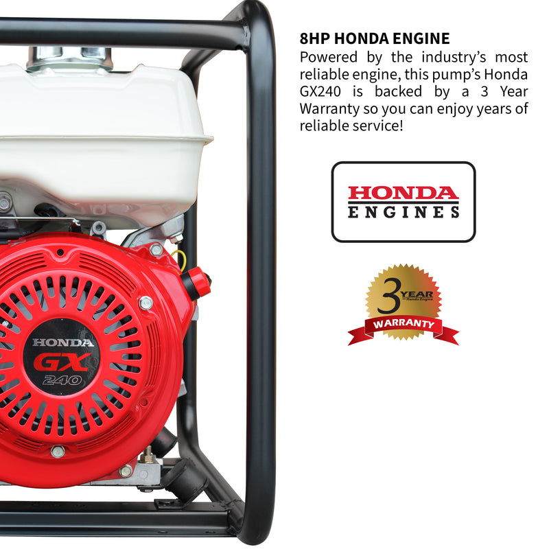 8 HP 3" Industrial Duty Trash Water Pump powered by Honda Portable Utility